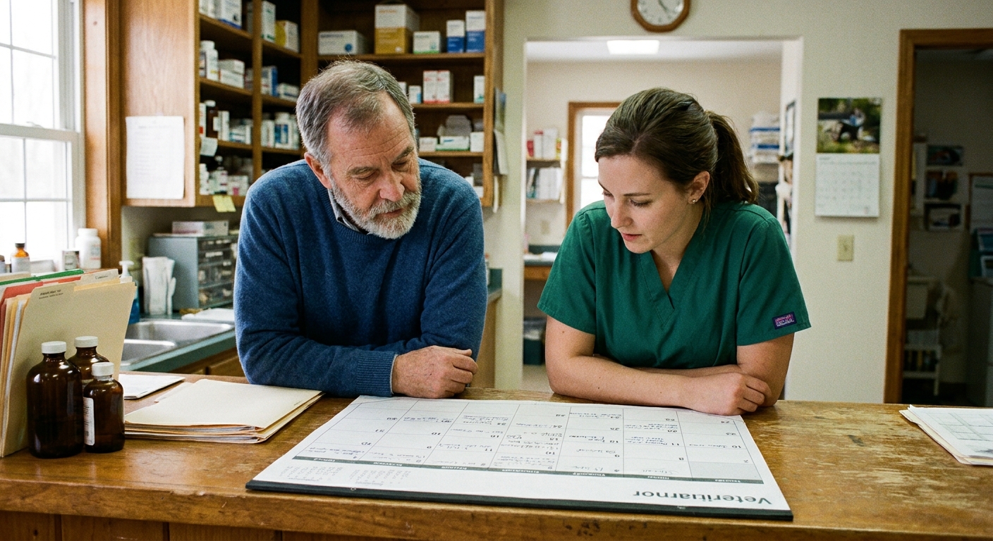 An owner veterinarian (a man in his fifties) and a relief veterinarian (a woman in her thirties in scrubs) at a…