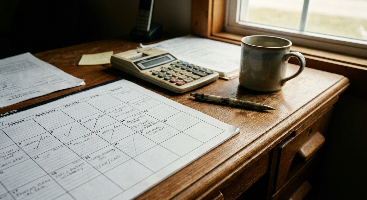 Close-up of a desk with a printed weekly coverage grid marked in pencil (rows soft-focus, not readable), a…