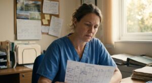 A woman veterinarian in her early fifties in scrubs at an office desk, looking DOWN at a printed schedule where…