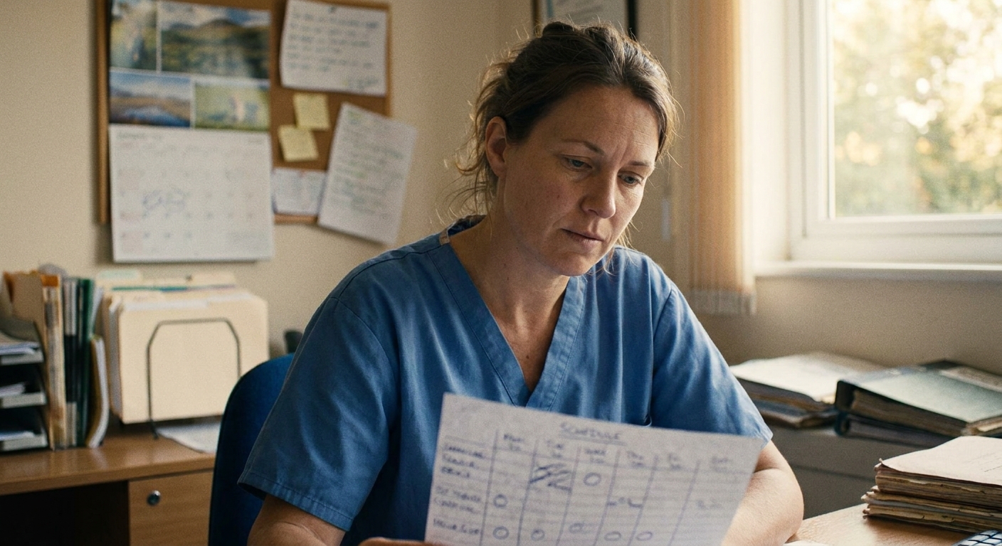 A woman veterinarian in her early fifties in scrubs at an office desk, looking DOWN at a printed schedule where…