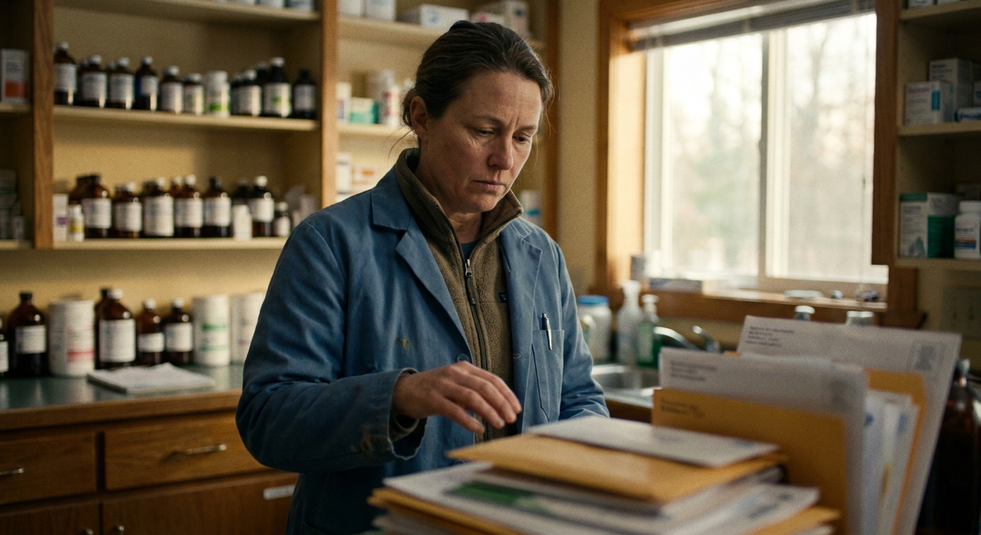 A woman veterinarian in her early fifties in a lab coat standing at a clinic back counter at the end of a long…