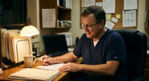 A male veterinarian in his late fifties in navy scrubs at a cluttered practice office desk late in the evening,…