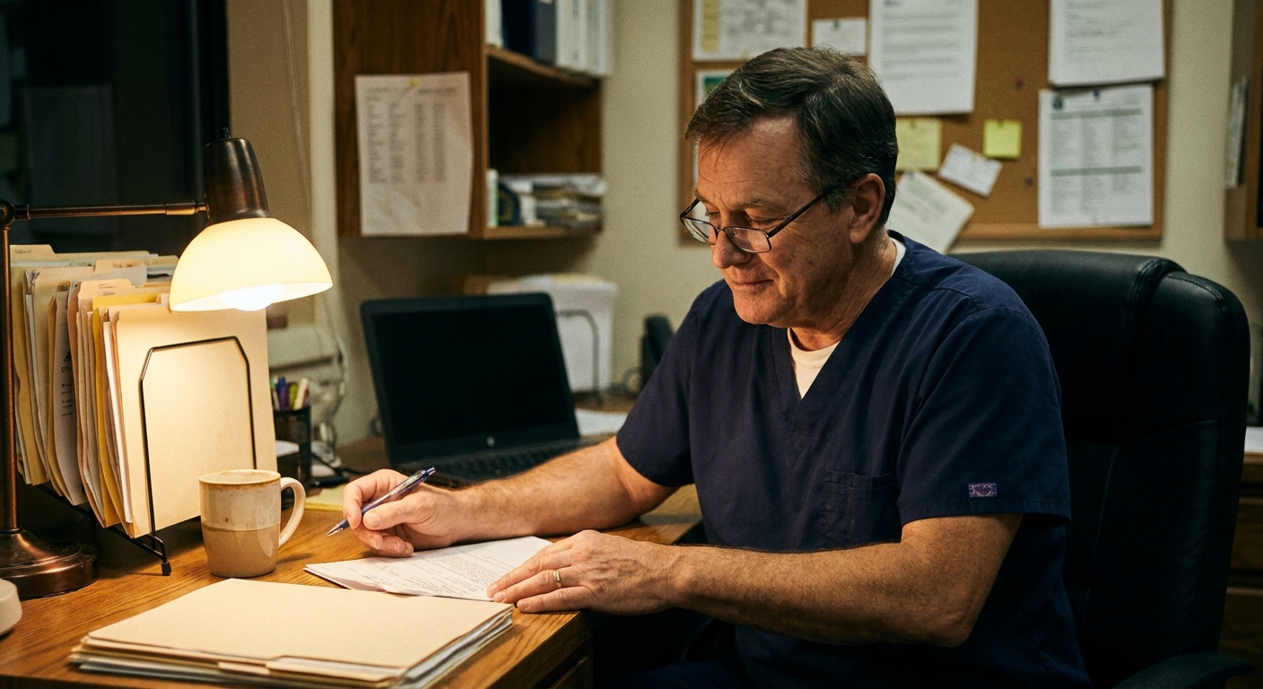A male veterinarian in his late fifties in navy scrubs at a cluttered practice office desk late in the evening,…