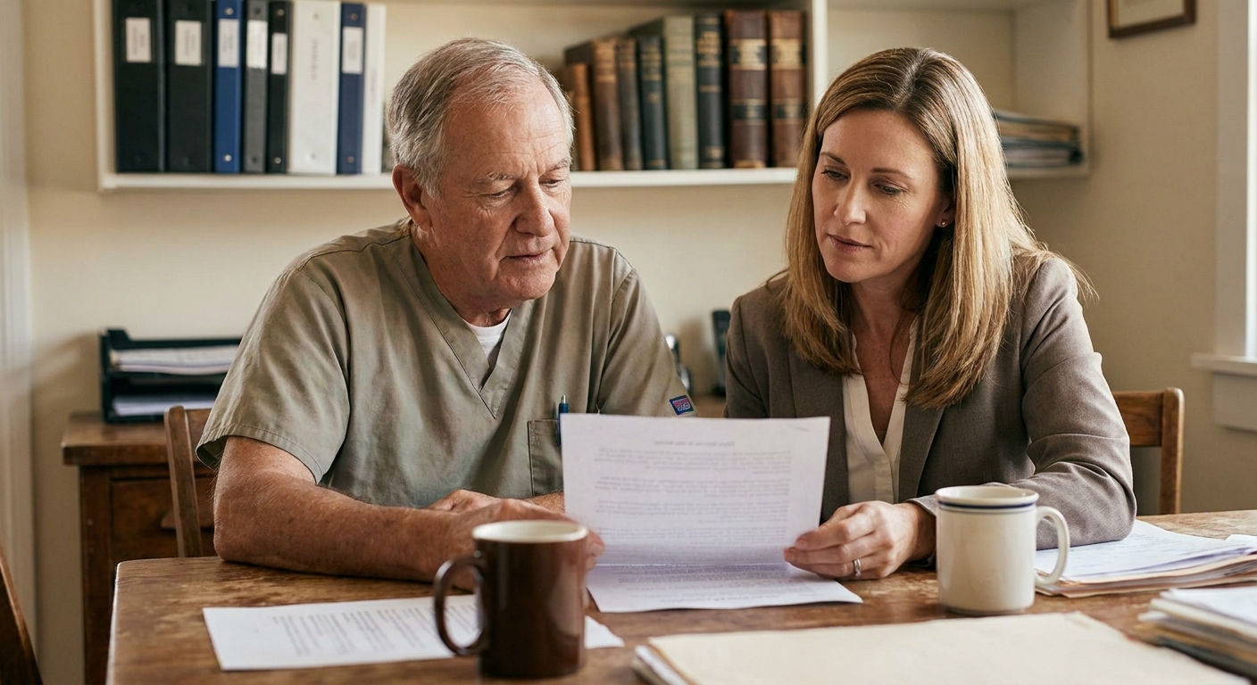 A senior owner veterinarian (a man in his sixties) and a practice manager (a woman in her forties in…