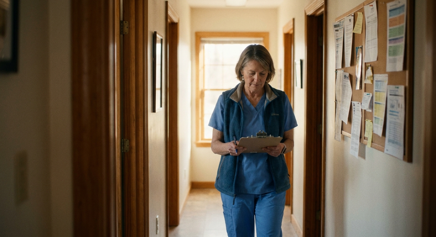 A woman veterinarian in her late fifties in scrubs walking a clinic hallway carrying a patient chart, turned AWAY…