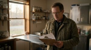 A male veterinarian in his early sixties in a worn lab coat standing alone in a quiet exam room after hours,…