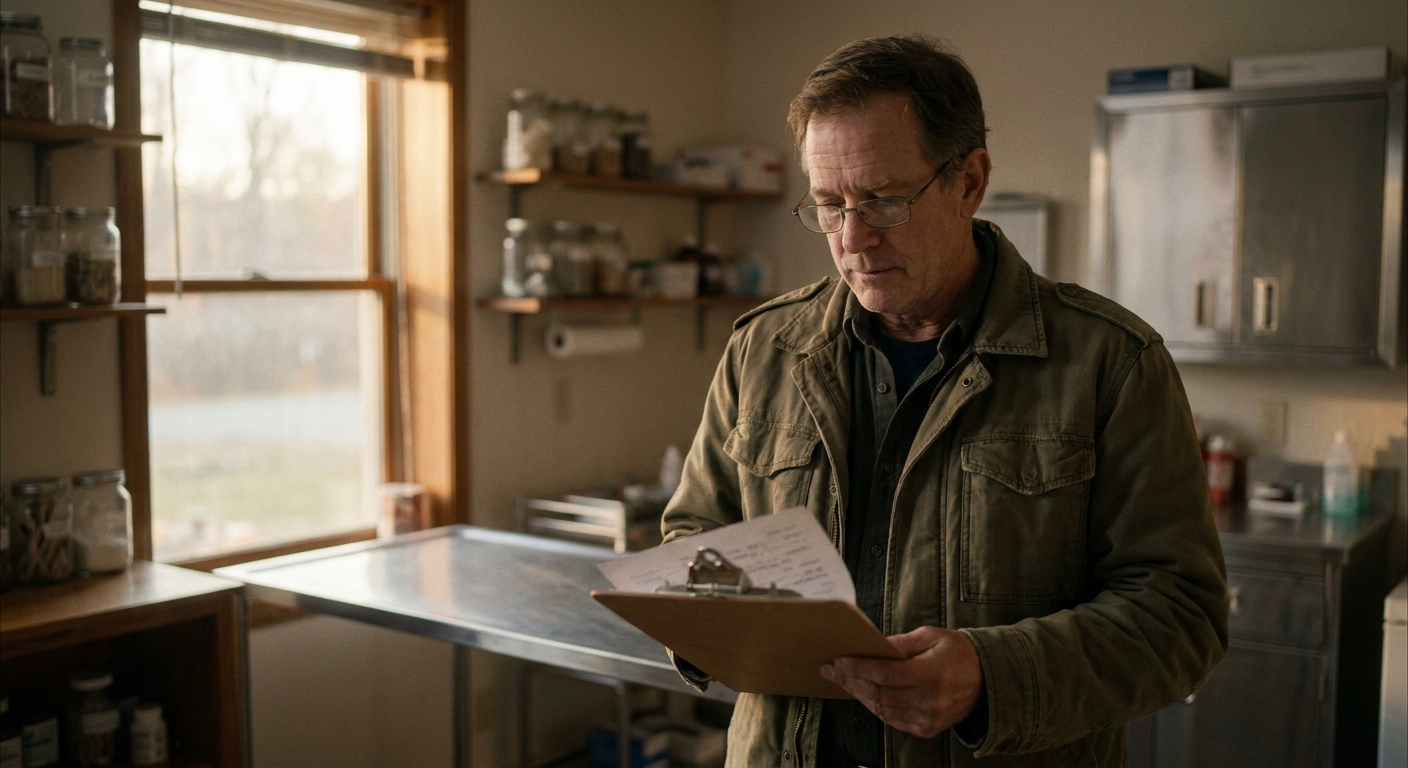 A male veterinarian in his early sixties in a worn lab coat standing alone in a quiet exam room after hours,…