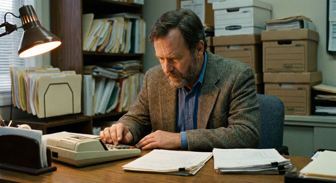 A male veterinarian in his early fifties in business-casual at a desk with a calculator and two printed buyout…