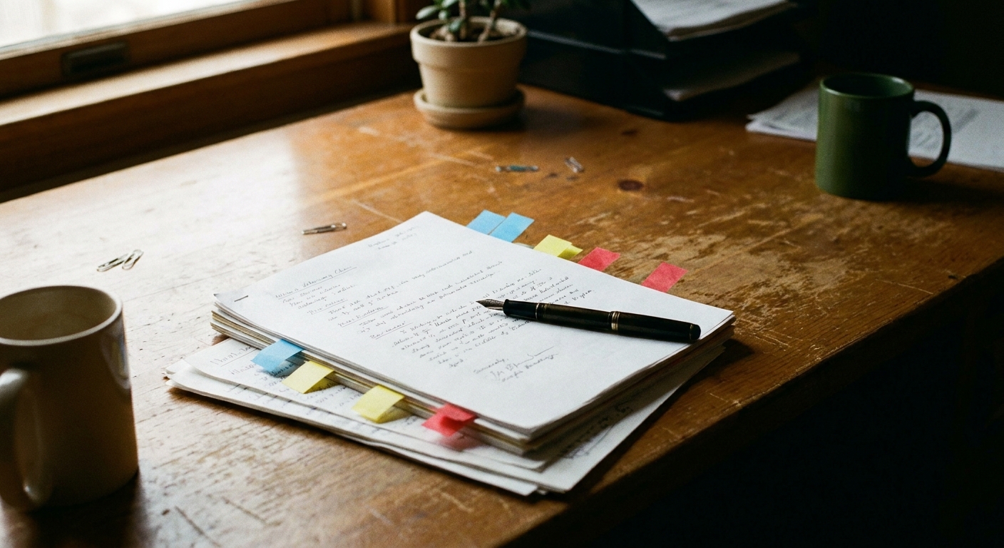 Close-up of a worktable with a marked-up partnership document carrying colored sticky tabs, a fountain pen laid…