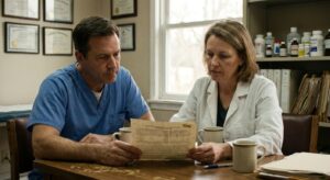 Two partner veterinarians (a man in his fifties in scrubs and a woman in her late forties in a lab coat) seated on…
