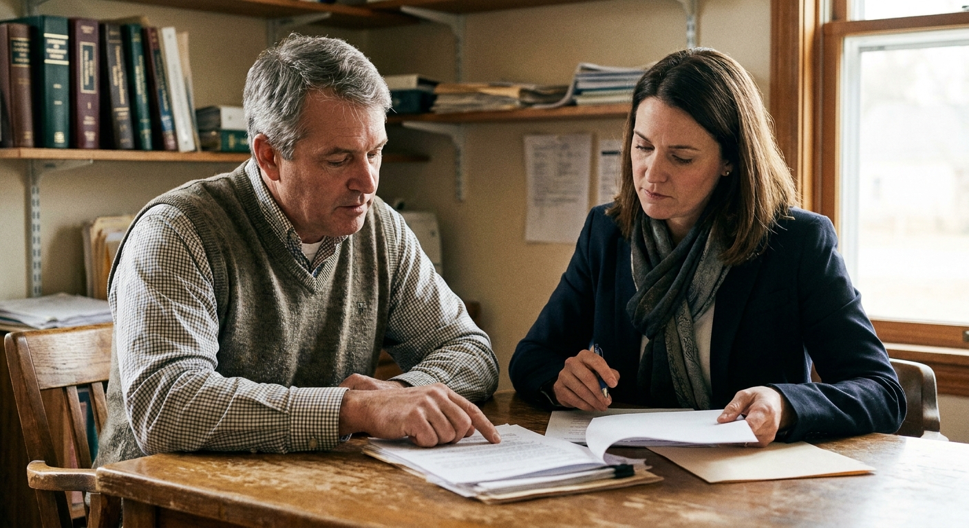 A veterinarian (a man in his fifties in business-casual) and a family-law attorney (a woman in her forties in a…
