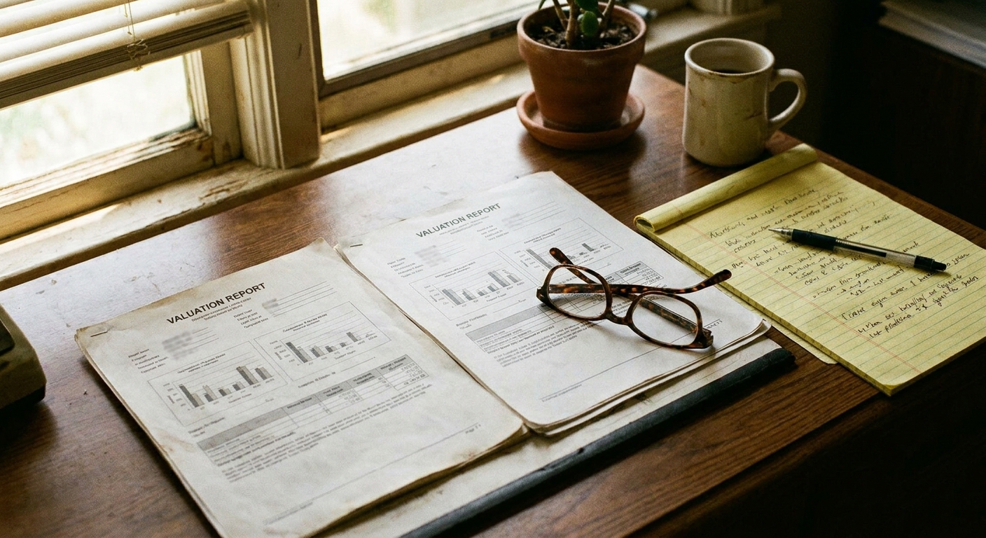 Close-up of a desk with two separate printed valuation reports side by side, a legal pad with handwritten notes…