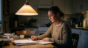 A woman veterinarian in her mid-forties in casual clothes at a home kitchen table in the evening, looking DOWN at…