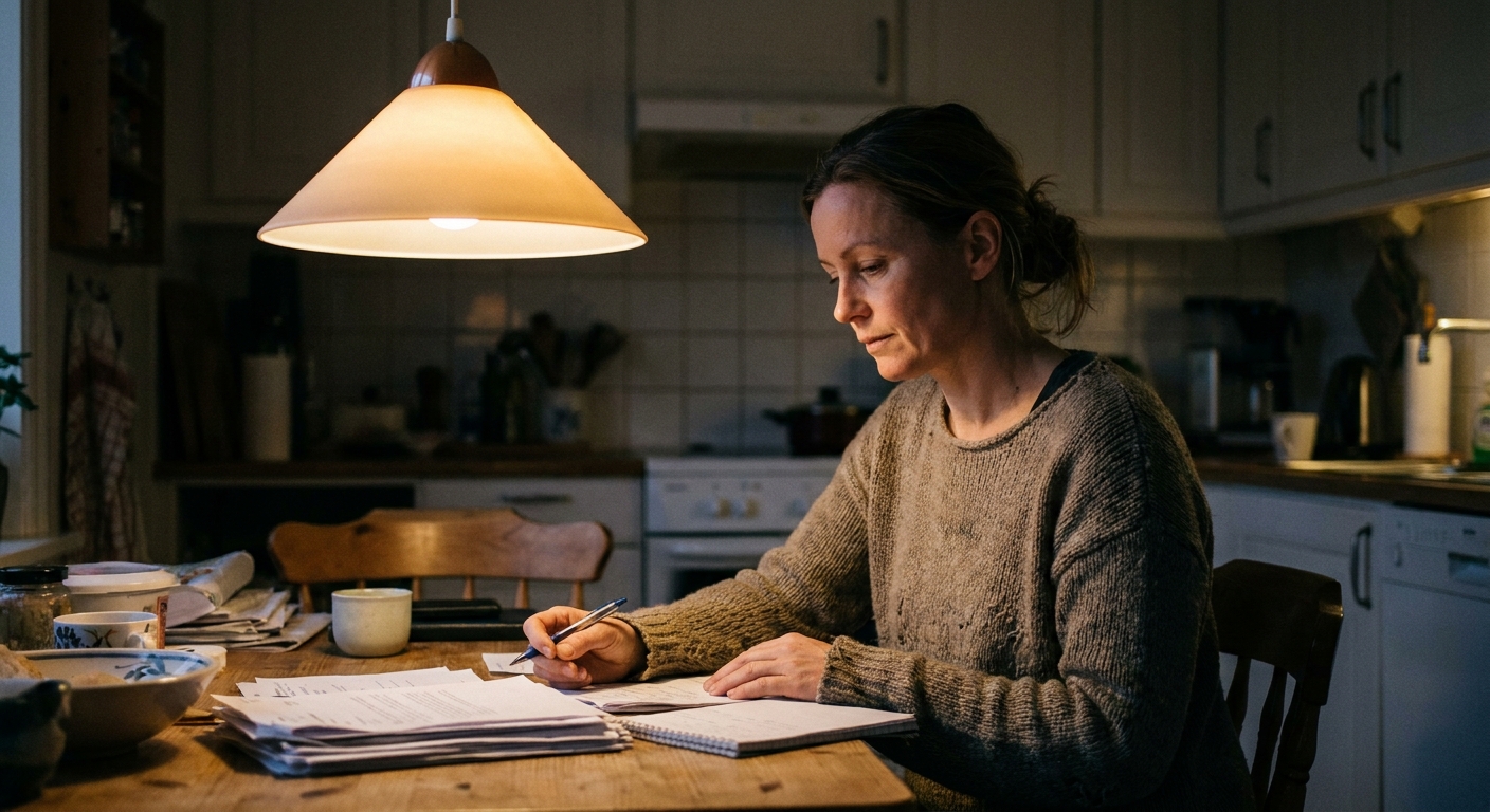 A woman veterinarian in her mid-forties in casual clothes at a home kitchen table in the evening, looking DOWN at…