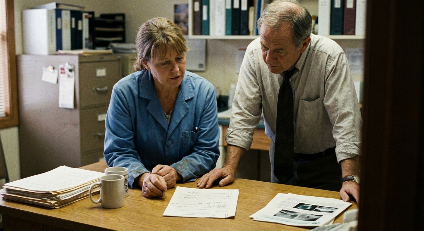 A veterinarian (a woman in her fifties in a lab coat) and an attorney (a man in his sixties in a shirt and tie)…
