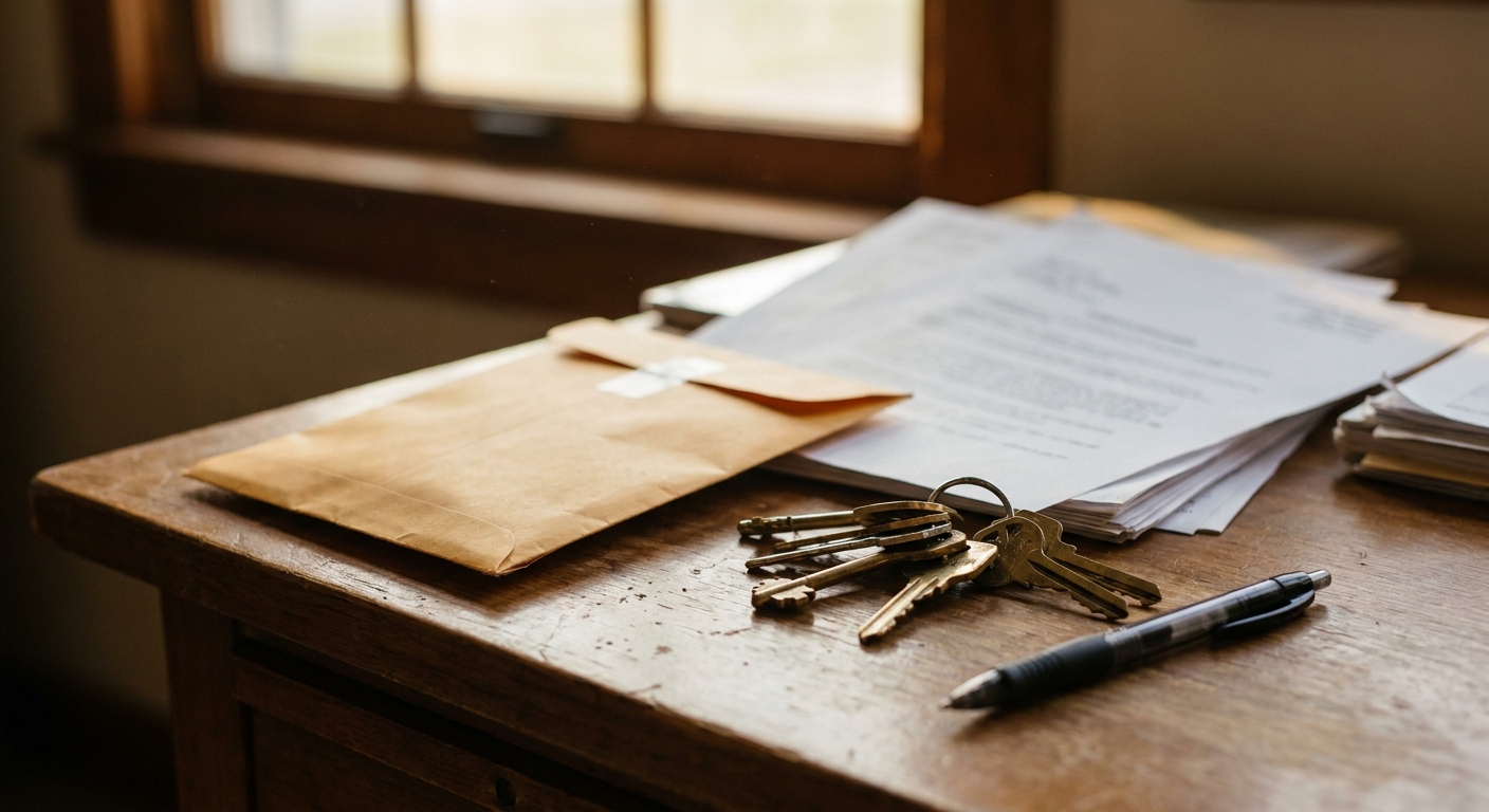 Close-up of a desk with a sealed manila envelope, a printed insurance schedule (text unreadable, soft focus), a…