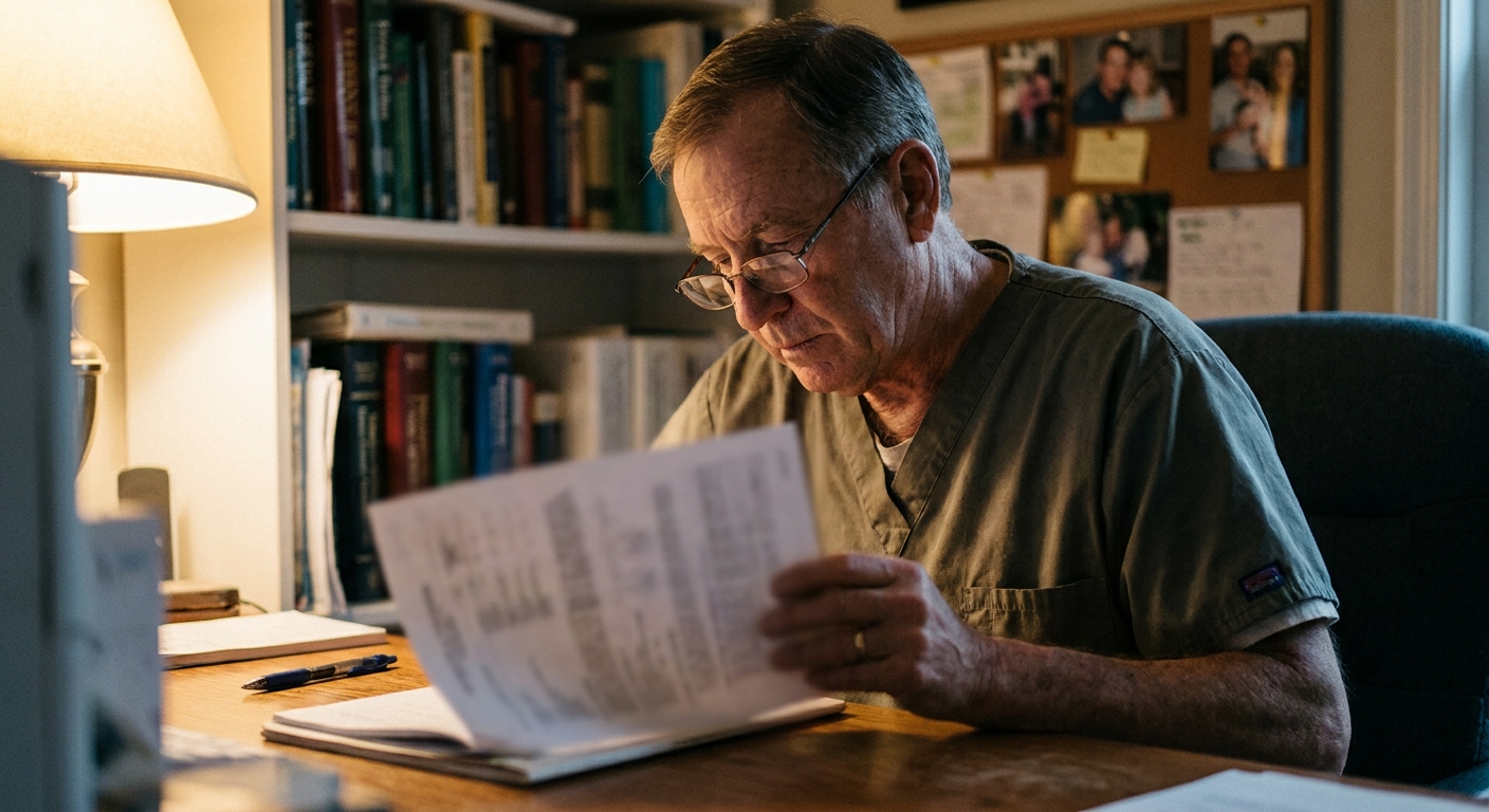 A male veterinarian in his late fifties in scrubs at a home office desk in the evening, looking DOWN at a printed…
