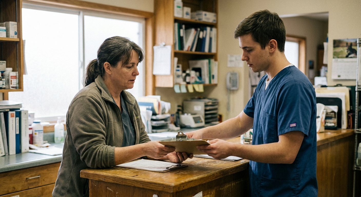 An owner veterinarian (a woman in her late fifties) handing a patient chart to an associate veterinarian (a man in…