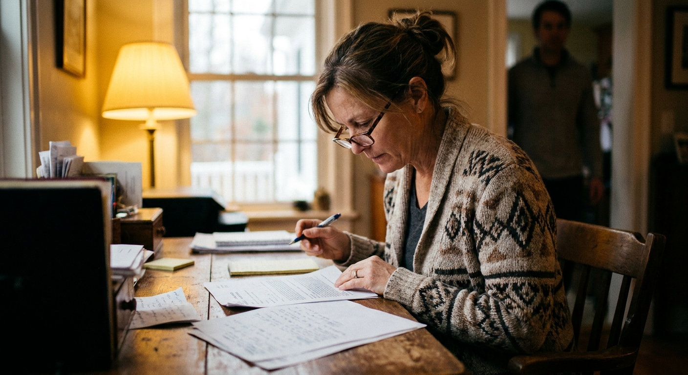 A woman veterinarian in her fifties in a cardigan at a home desk reviewing a printed coverage plan with a…
