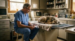 A male veterinarian in his early sixties in scrubs seated on a stool in his own quiet exam room mid-morning,…