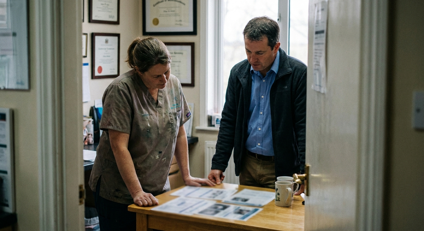 A veterinarian (a woman in her forties) and a sell-side advisor (a man in his fifties in business-casual) at a…