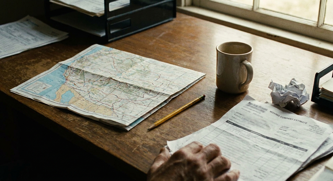 Close-up of a desk with a printed regional map, a pencil, a moving-company estimate folded to one side (text…