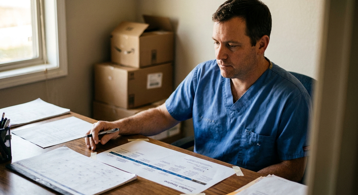 A male veterinarian in his early forties in scrubs at a practice office desk, looking DOWN at a printed relocation…