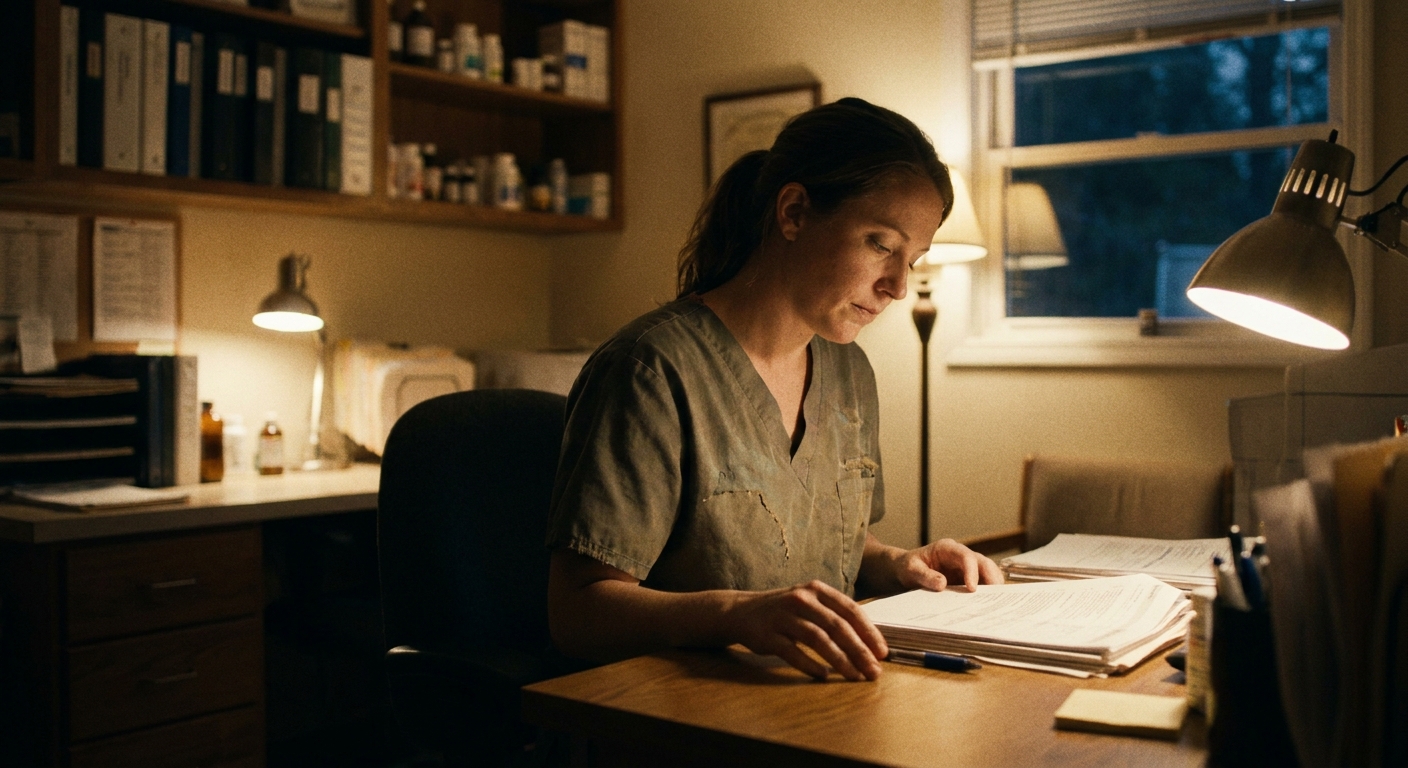 A young associate veterinarian (a woman in her early thirties) alone at a clinic desk in the evening, looking DOWN…