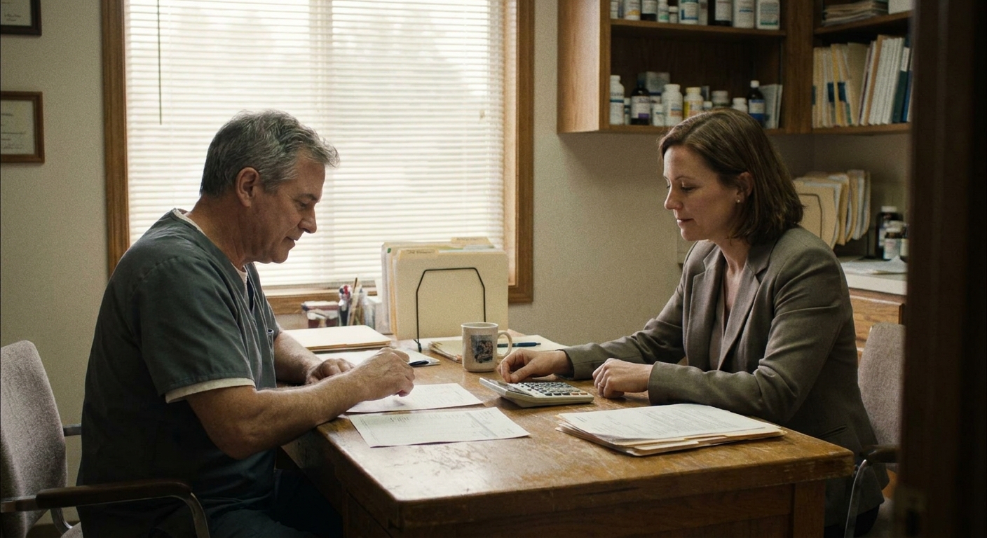 A veterinarian (a man in his fifties in scrubs) seated across from a commercial lender (a woman in her forties in…