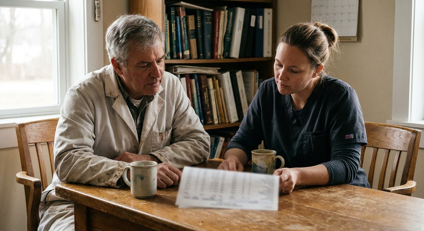 An owner veterinarian (a man in his late fifties in a lab coat) and a younger associate veterinarian (a woman in…