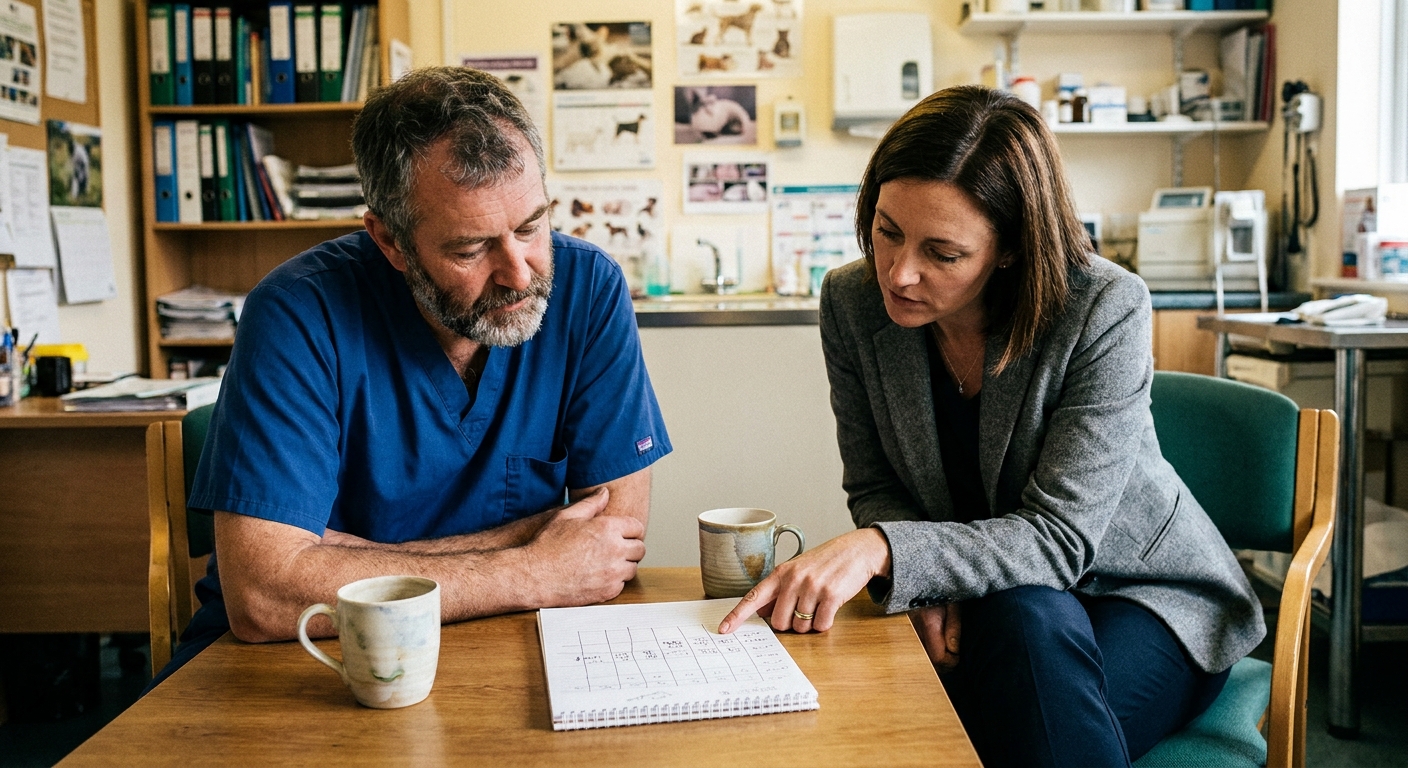 A veterinarian (a man in his fifties in scrubs) and a sell-side advisor (a woman in her forties in…