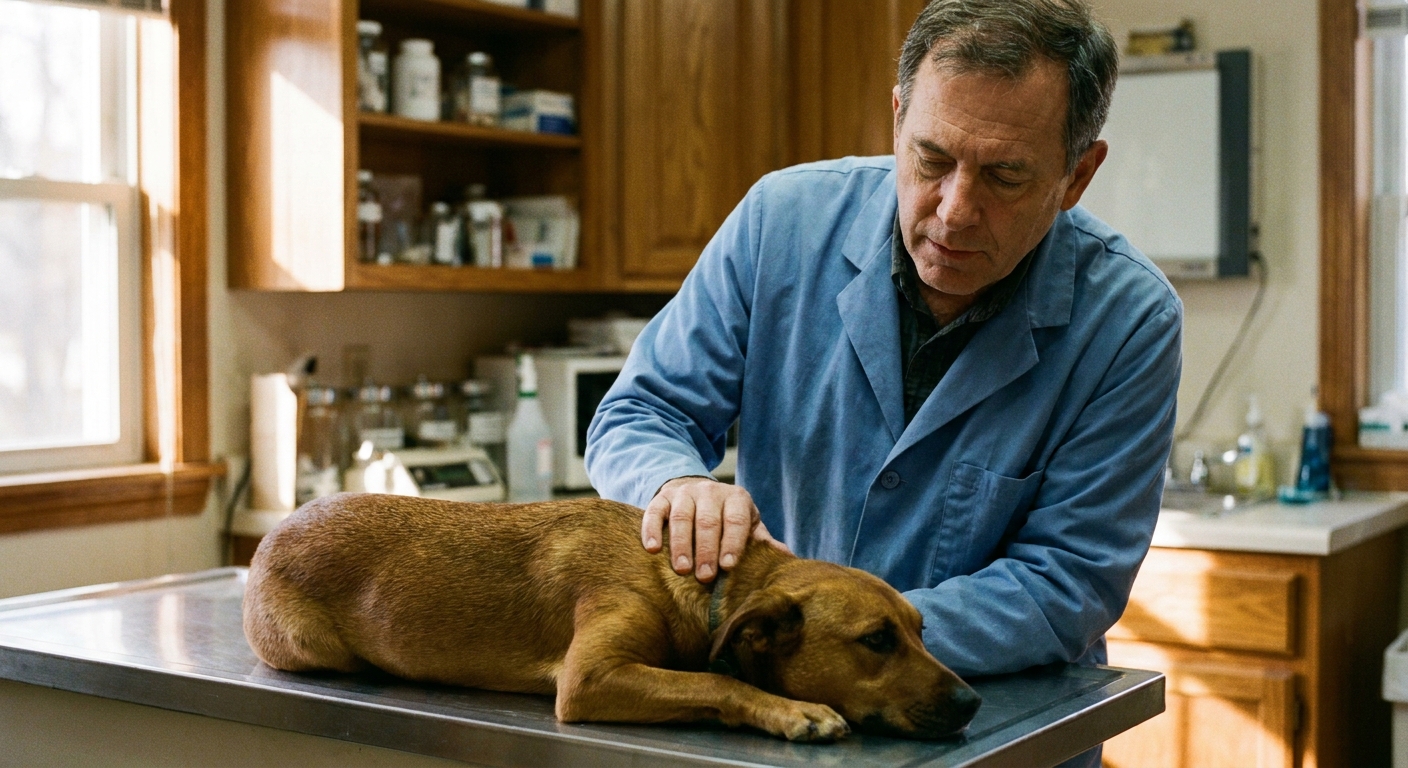 A male veterinarian in his fifties in a lab coat working an ordinary appointment day in an exam room with a calm…