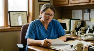 A woman veterinarian in her late forties in scrubs at a practice office desk, looking DOWN at a printed post-sale…