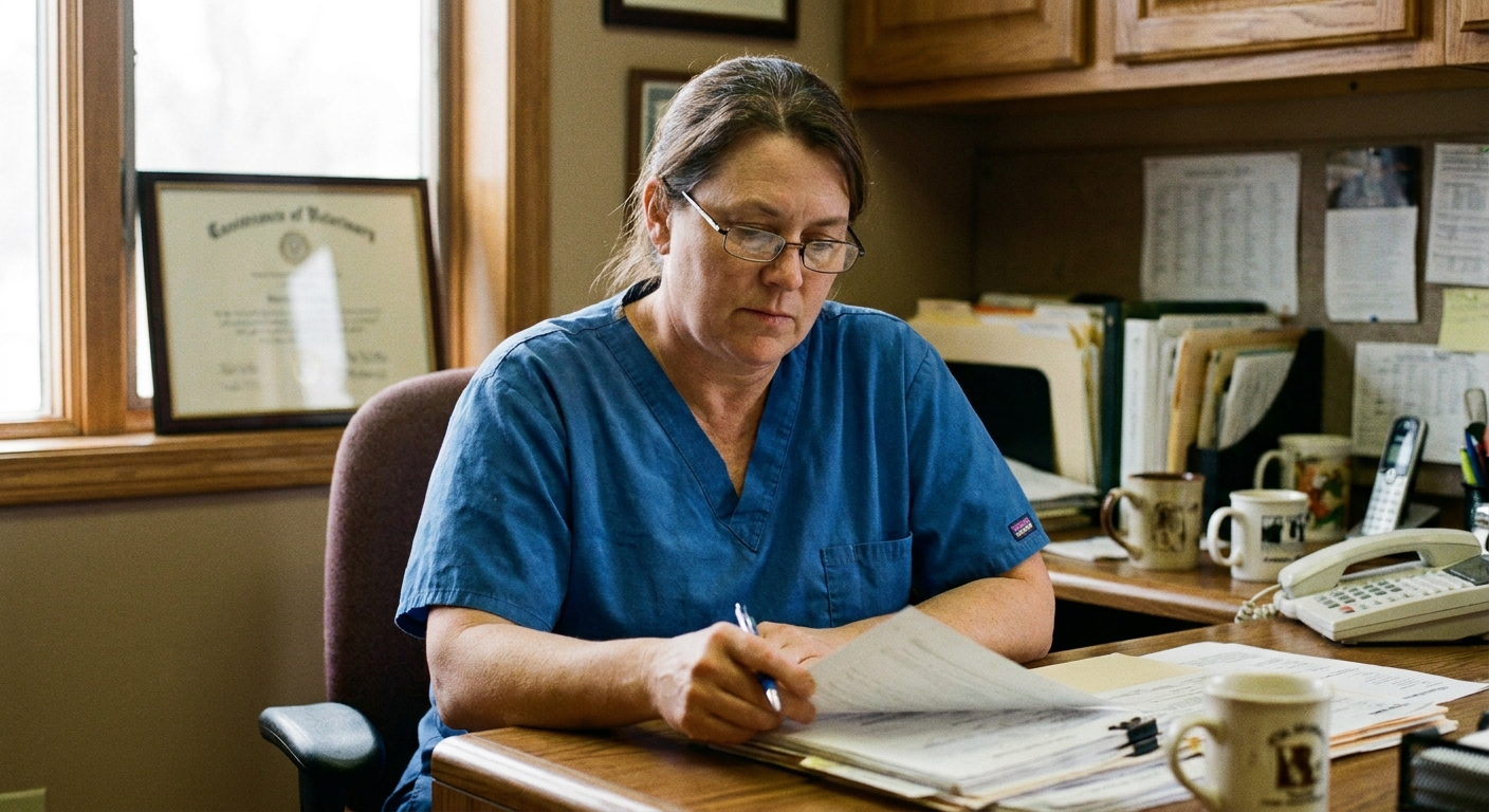 A woman veterinarian in her late forties in scrubs at a practice office desk, looking DOWN at a printed post-sale…