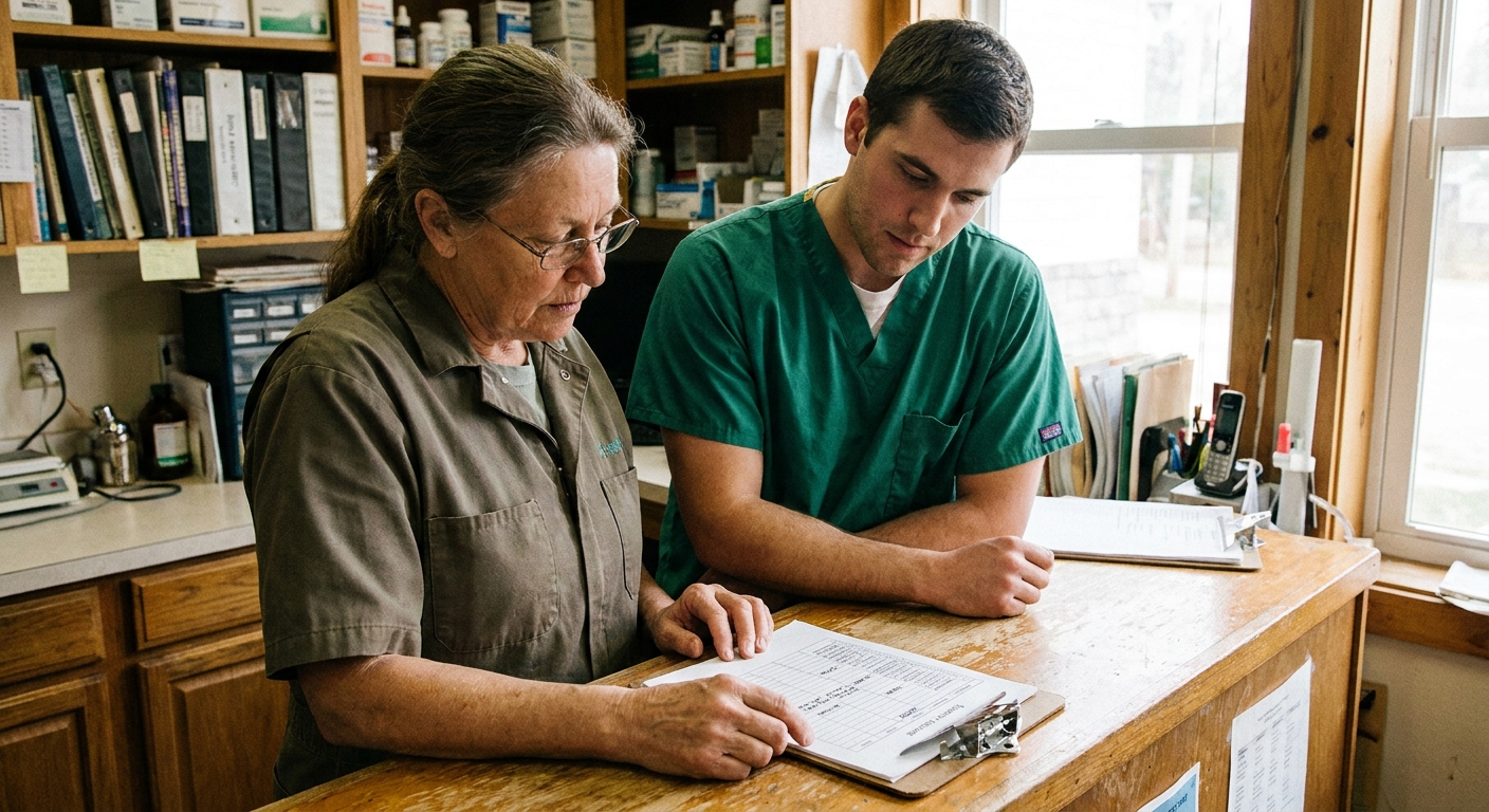 An owner veterinarian (a woman in her sixties) and her associate (a man in his forties in scrubs) at a clinic…