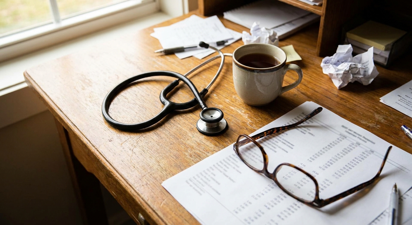 Close-up of a desk with a printed multi-year payout schedule (rows soft-focus, not specific), a pair of reading…