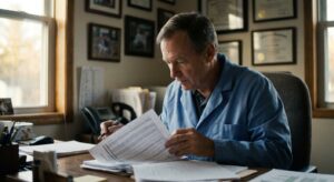 A male veterinarian in his early sixties in a worn lab coat at his practice desk in the late afternoon, looking…