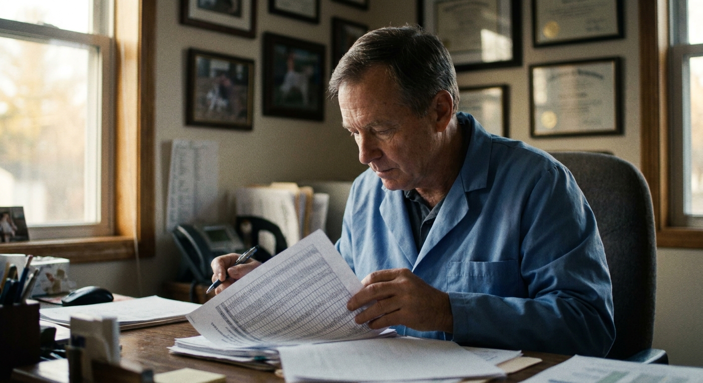 A male veterinarian in his early sixties in a worn lab coat at his practice desk in the late afternoon, looking…