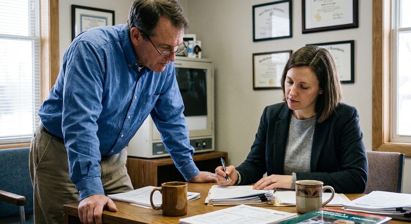 A veterinarian (a man in his early fifties in business-casual) across a worktable from a sell-side advisor (a…
