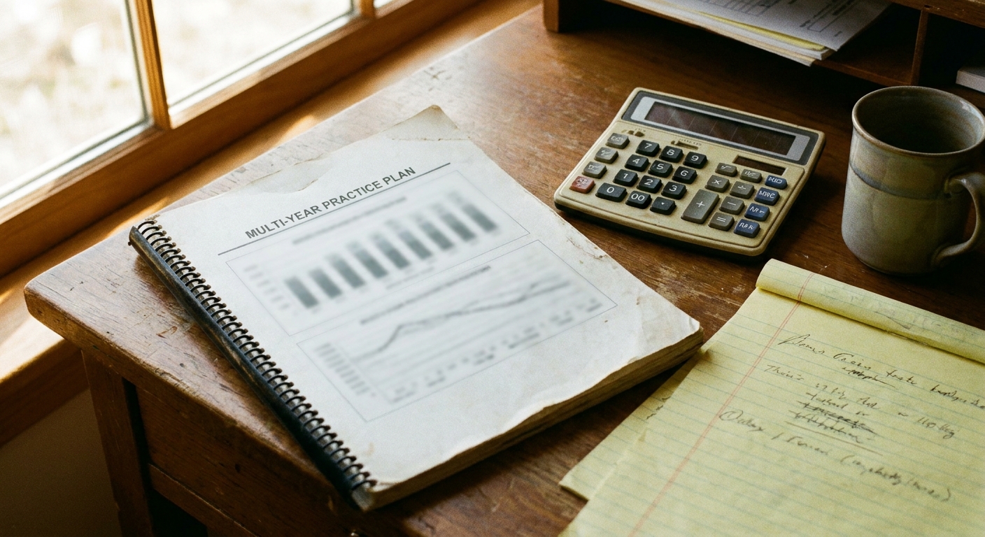 Close-up of a desk with a printed multi-year plan, a calculator, a legal pad with a short handwritten list…