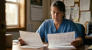 A woman veterinarian in her early fifties in scrubs at an office desk in the morning, looking DOWN at a printed…