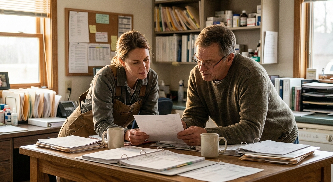 A veterinarian (a woman in her forties) and a practice manager (a man in his fifties in business-casual) at a…
