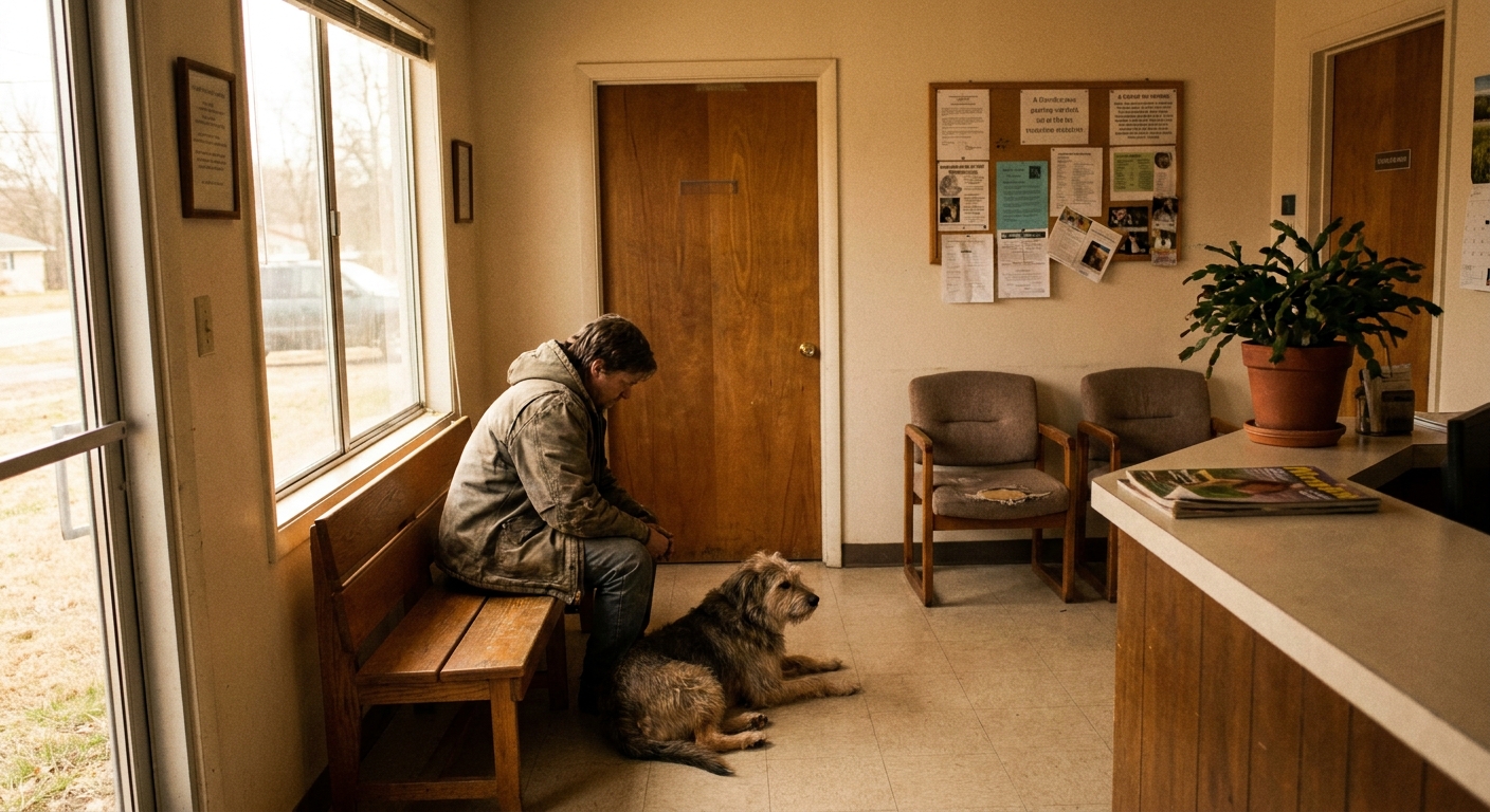 A quiet mid-morning waiting area of an independent small-animal practice with only one client and a dog seated,…