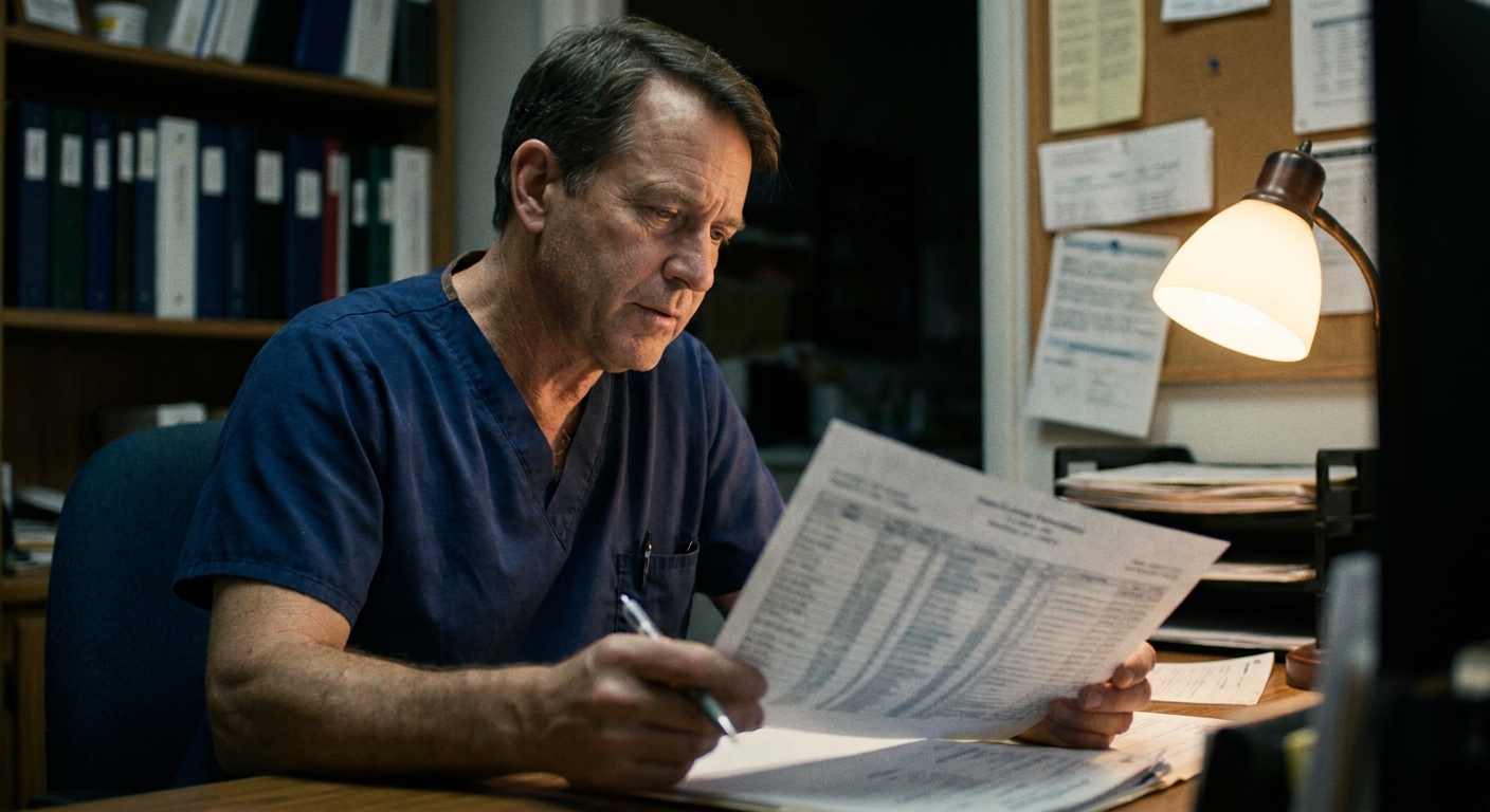A male veterinarian in his fifties in navy scrubs at a practice office desk in the evening, looking DOWN at a…