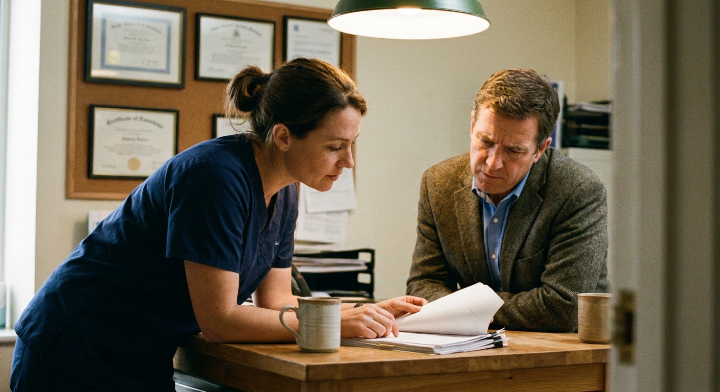 A veterinarian (a woman in her forties in scrubs) across a worktable from a sell-side advisor (a man in his…
