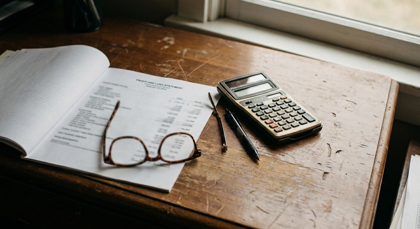 Close-up of a scratched wooden desk with a printed profit-and-loss statement, a calculator, a pen, and reading…