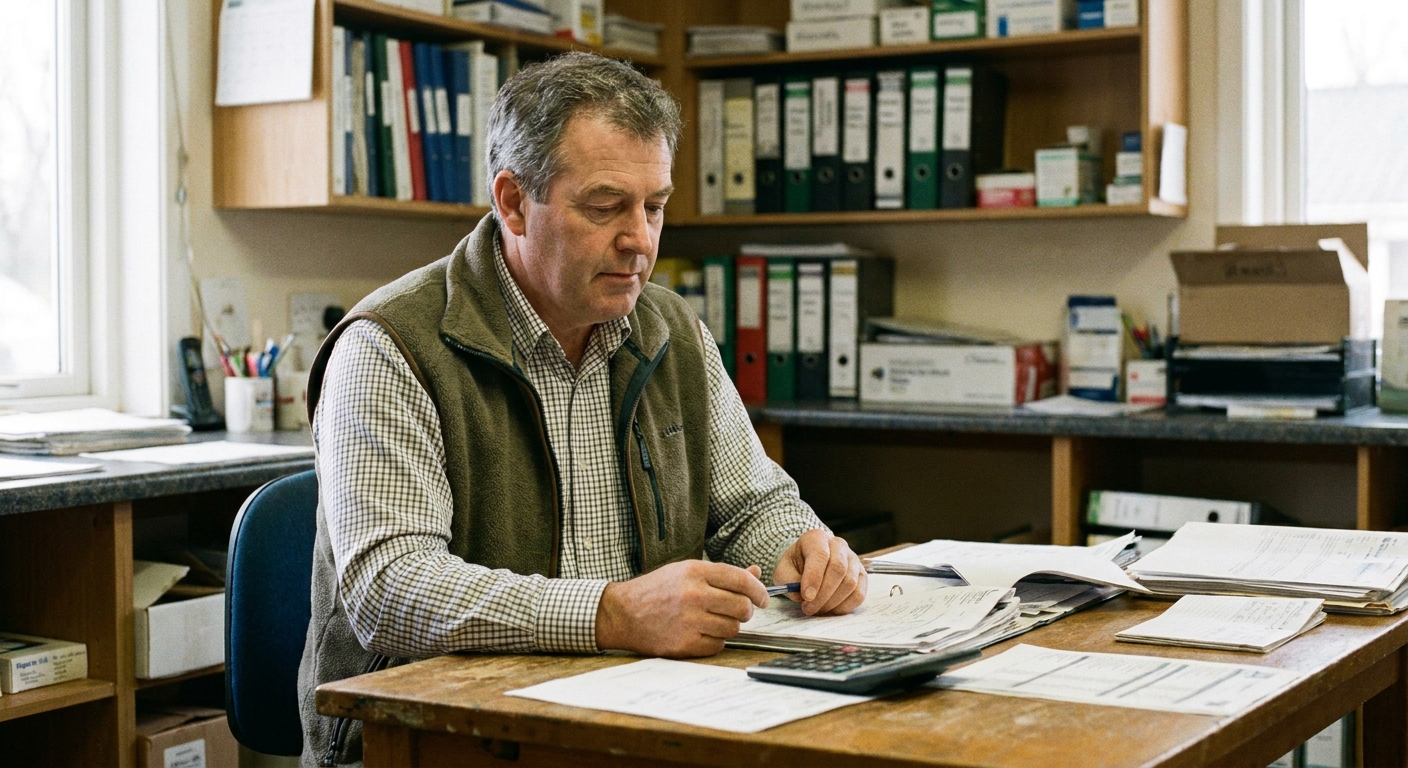 A male veterinarian in his early fifties in business-casual at an office desk, looking DOWN at a printed…