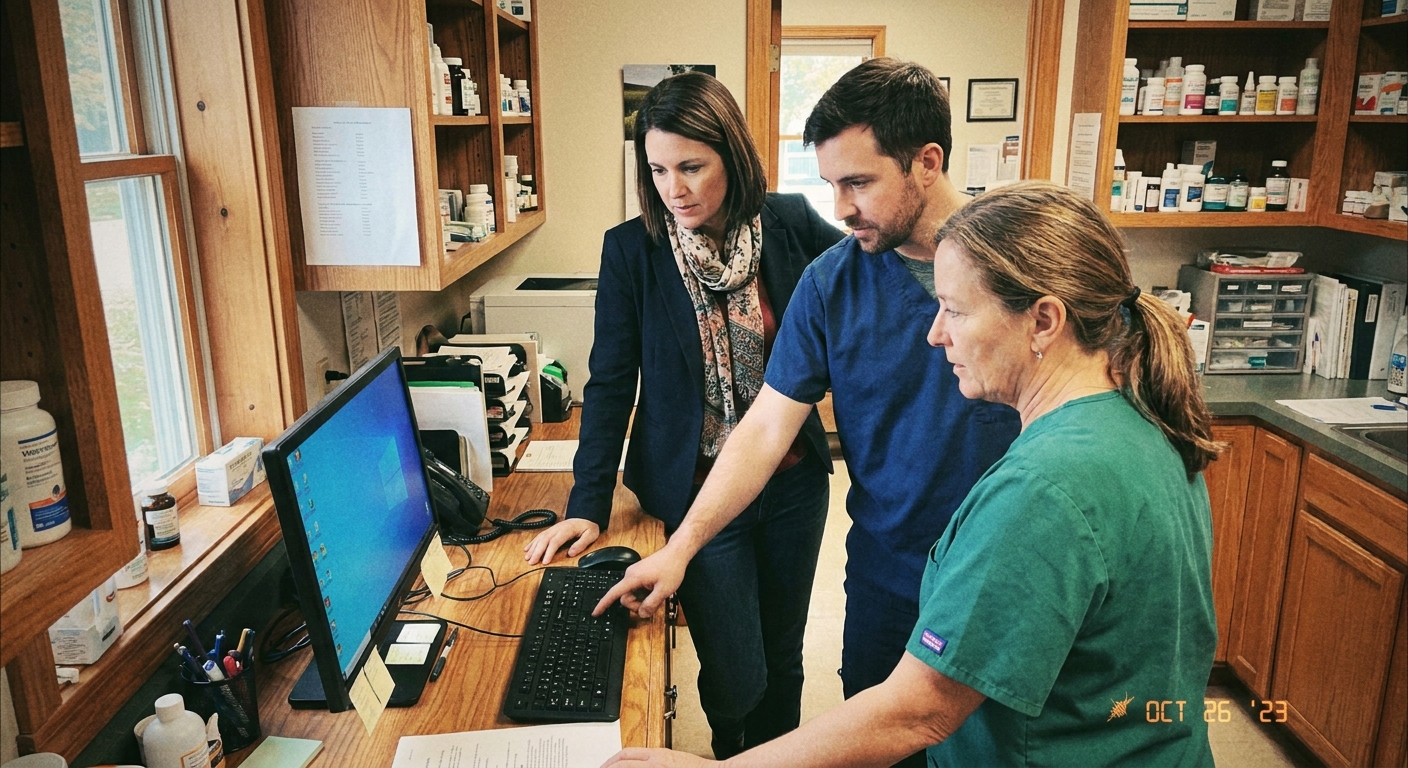 A regional practice manager (a woman in her forties in business-casual) with two veterinarians (a man in his…