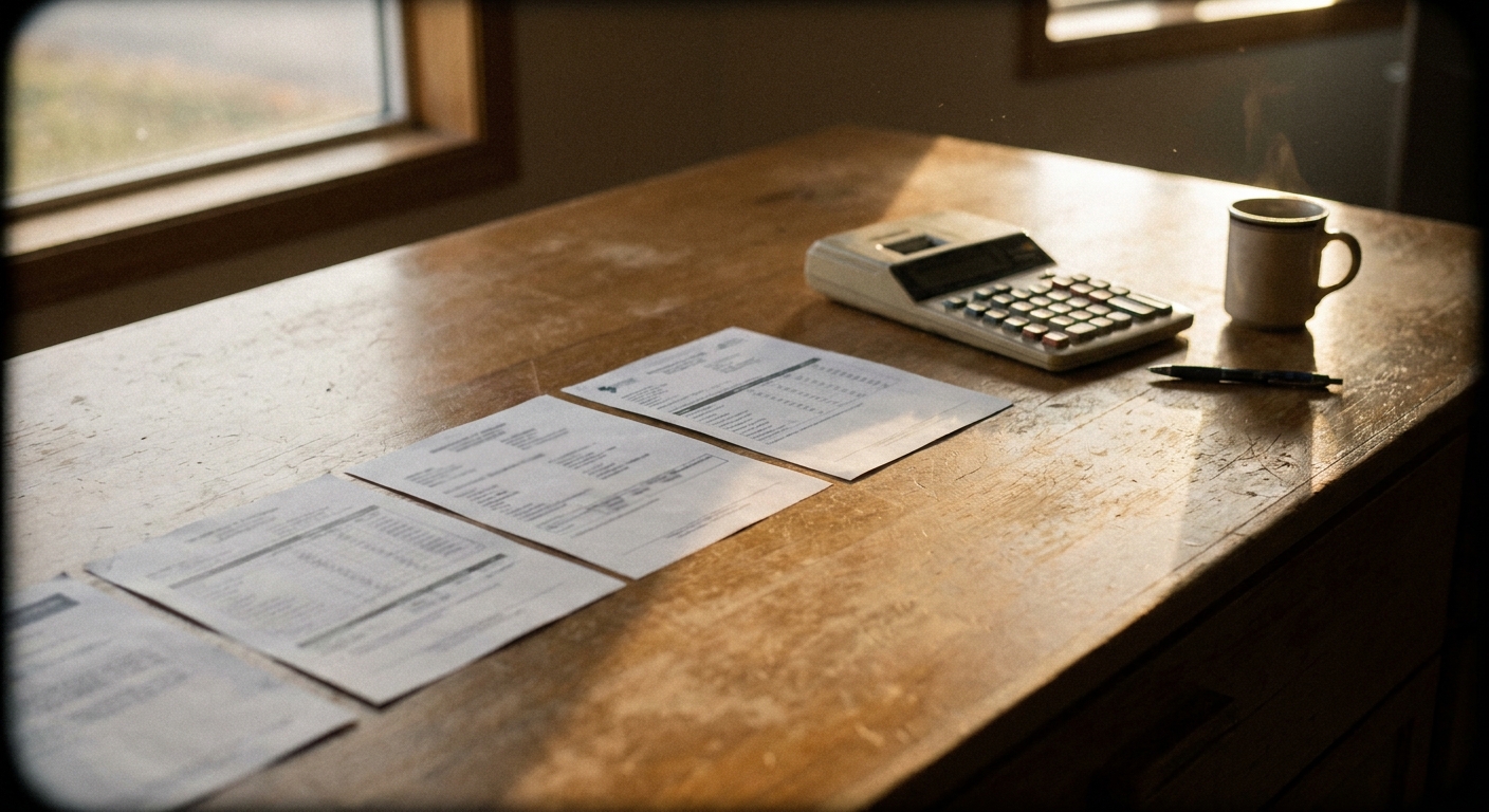 Close-up of a worktable with several printed site-level summaries laid in a row, a calculator, a pen, and a coffee…