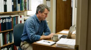 A practice-owner veterinarian (a man in his early fifties in business-casual) at an office desk looking DOWN at a…